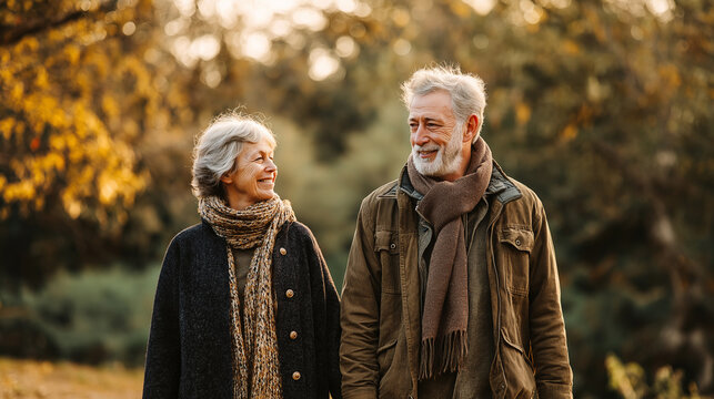 Happy senior couple walking hand in hand through a park in autumn, golden light