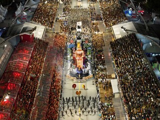 Samba Ride In Sao Paulo Brazil. Famous Carnival Sambadrome Landscape Viewed From Above. Building Metropole Skyline Buildings Beautiful. Buildings Flyover Night. Sao Paulo Brazil.