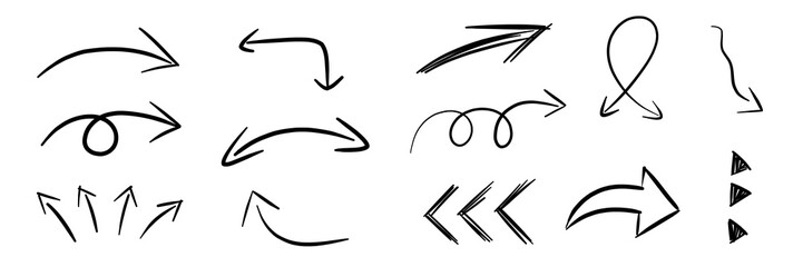 set of many different arrows collection showing motion and direction isolated on white or transparent png