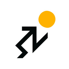 Minimal geometric vector logo with dynamic arrow and sun, designed in black and mustard yellow for modern digital branding versatility.