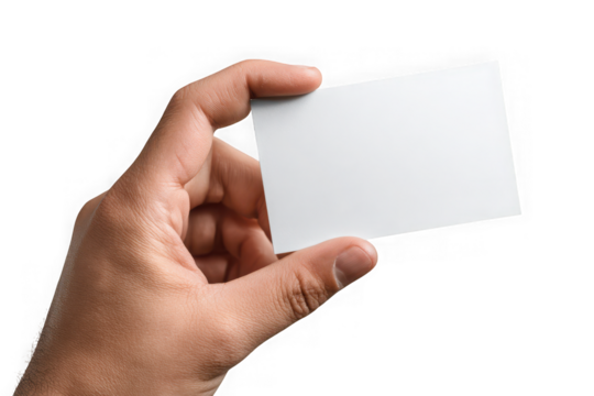 Photo of human hand holding a blank white business card isolated on transparent background