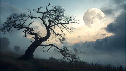 A gnarled tree silhouetted against a full moon and cloudy sky at twilight in a serene landscape