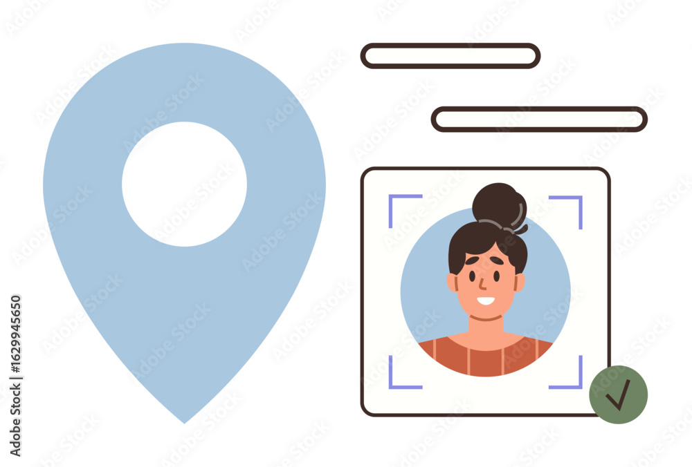 Poster large geolocation marker, framed user profile with scanning target, green checkmark. ideal for locat