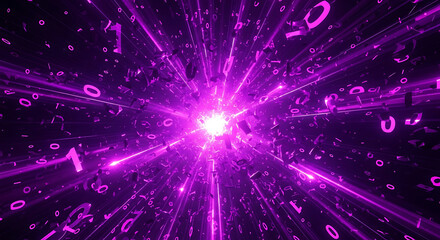 Abstract glowing purple energy vortex with digital data streams and light streaks
