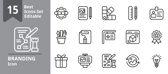 Set of Branding icons. Icons Contains branding, logo, identity, design, visual, etc . Design elements for you projects. Editable stroke vector illustration.
