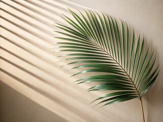 Green palm leaf with striped light and shadow on wall