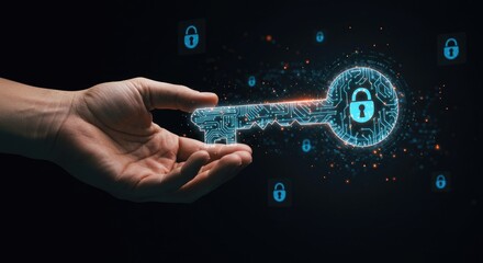 Digital key in hand illustrates cybersecurity and access control secure technology digital graphic futuristic key illustration modern key access