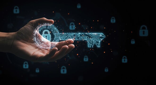 Digital key in hand futuristic technology illustration abstract security concept circuit board style key glowing blue light dark background