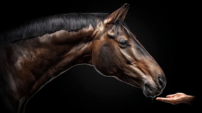 A close-up of a brown horse with a shiny coat extending its neck towards a human hand