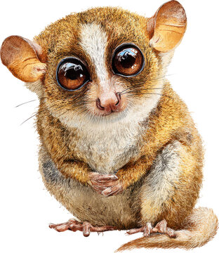 Adorable pygmy slow loris with large expressive eyes sitting peacefully isolated on transparent background