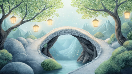 A majestic bridge of carved oak roots spanning over a glowing river.