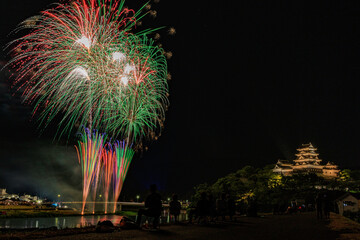 日本の愛媛県にある大洲城と夏の夜空を彩る大迫力の花火大会の風景

