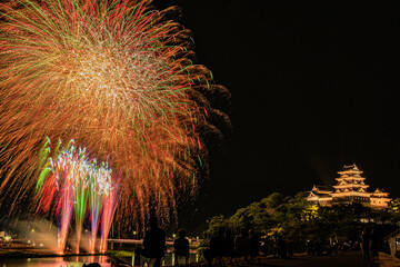 日本の愛媛県にある大洲城と夏の夜空を彩る大迫力の花火大会の風景

