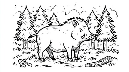 Obraz premium Black and white illustration of a wild boar in a forest