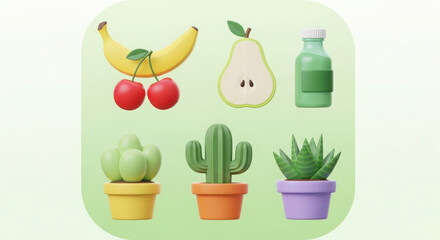 Ai generated image of collection of 3d rendered fruits and plants on a green background