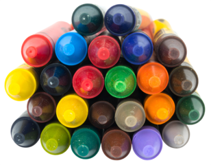 Colorful crayons stacked together, a vibrant collection of wax sticks for drawing, sketching on transparent background
