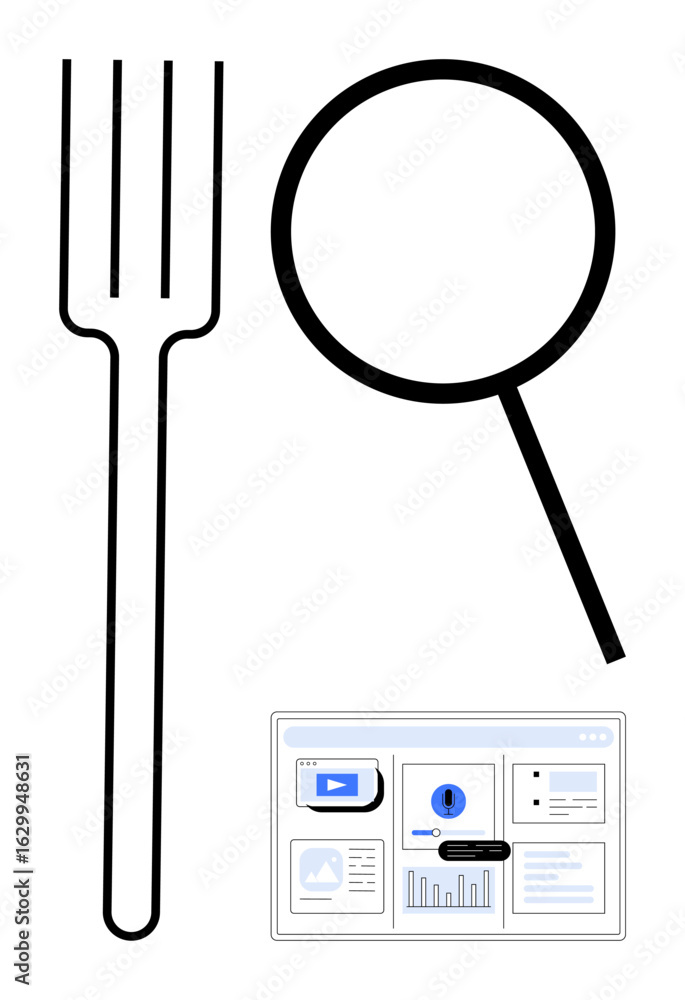 Aufkleber fork alongside magnifying glass and web analytics screen, merging culinary focus with data research.
