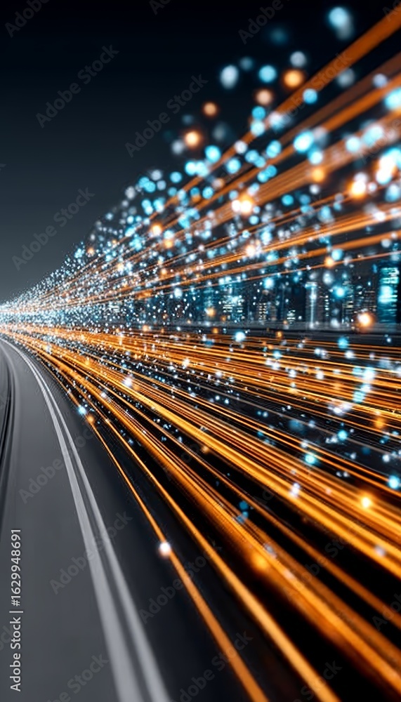 Poster futuristic digital highway with motion blur illustrating hyper speed data connectivity and flow