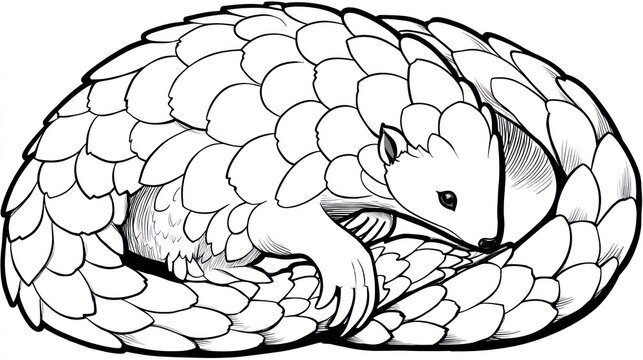 Black and white illustration of an anteater curled up
