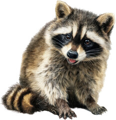 Fototapeta premium Adorable baby raccoon sitting and looking downwards isolated on transparent background