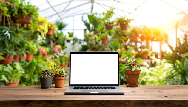 Laptop amidst greenhouse plants technology and nature interconnection concept