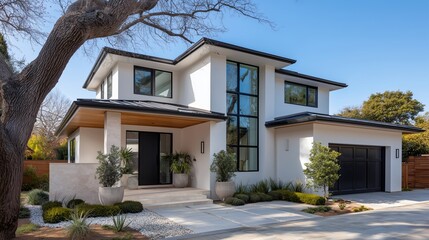 modern house with black windows and doors, white walls, and glass accents daytime and contemporary urban architecture	