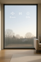 Obraz premium Smart Window Displaying Weather Data In A Minimalist Home Interior
