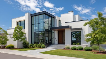 modern house with black windows and doors, white walls, and glass accents daytime and contemporary urban architecture	