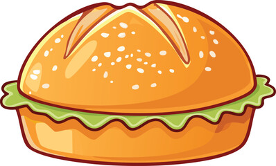 Cartoon drawing of a sandwich with lettuce and a sesame seed bun.