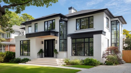 modern house with black windows and doors, white walls, and glass accents daytime and contemporary urban architecture	