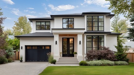 Fototapeta premium modern house with black windows and doors, white walls, and glass accents daytime