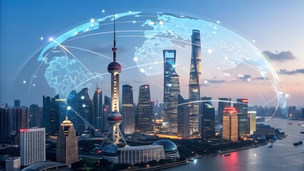 Aerial view of shanghai skyline with global network overlay at dusk showcasing modern architecture