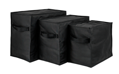 Three black fabric storage boxes of varying sizes, arranged in a staggered, slightly overlapping row.  Each box has handles