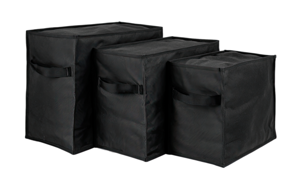 Three black fabric storage boxes of varying sizes, arranged in a staggered, slightly overlapping row.  Each box has handles