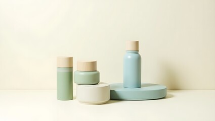 Naklejka premium Serene pastel green and blue cosmetic containers on minimalist display platforms against a soft beige backdrop.