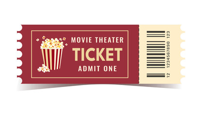 Cinema ticket isolated on white background. Ticket vector design, realistic template, red and white.
