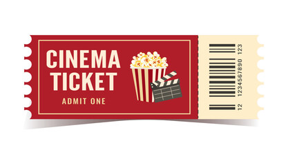 Vector cinema ticket isolated on white background. Ticket design template with popcorn, film strip and clapperboard icons.