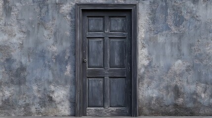 Photograph of a dark, paneled door set against a textured gray wall.