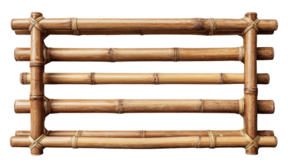 A rectangular bamboo frame, crafted from connected, light brown bamboo poles.  Natural, interwoven cords bind the poles, creating a grid pattern