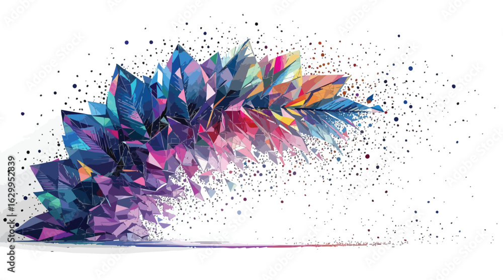 Poster abstract colorful crystal cluster with geometric shapes and scattered particles on white background.