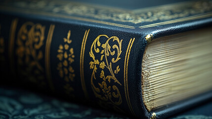 A close-up of the spine of the book with intricate gold embossing.