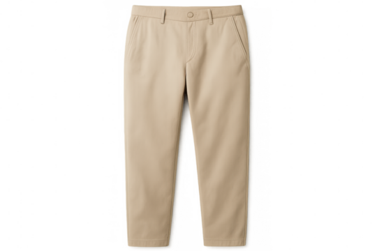 Beige chino pants hanging against transparent backdrop, highlighting tailored menswear fabric and clean silhouette