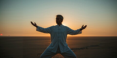 Man Practicing Tai Chi or Qigong in Serene Desert Landscape at Golden Hour