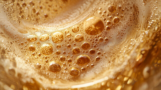 Artistic close-up of bubbles inside a golden beer glass, extreme detail, abstract macro style.
