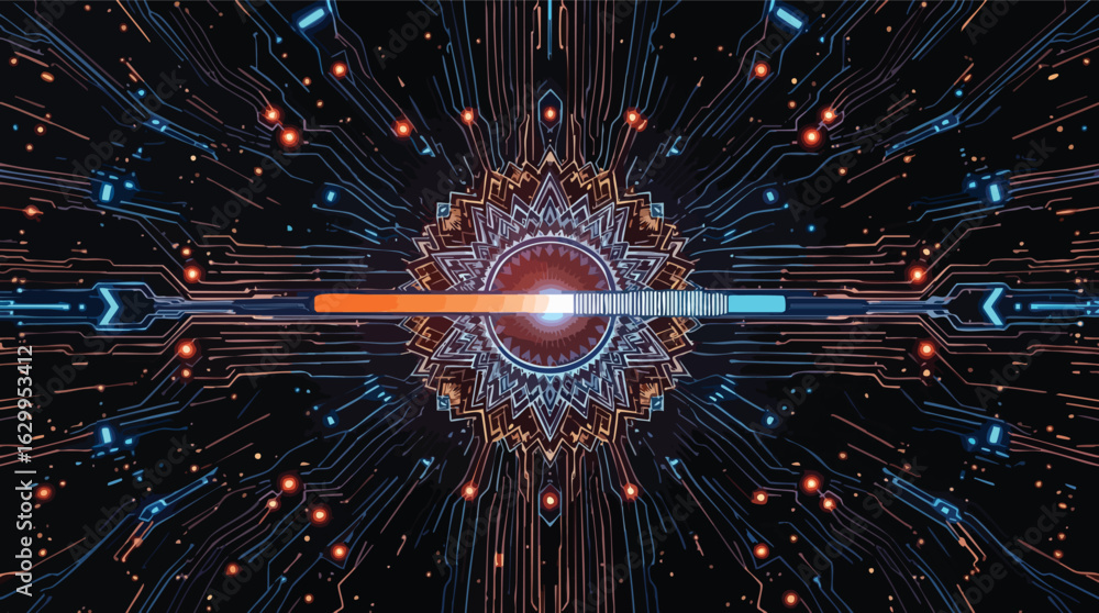Poster abstract digital art illustration depicting a circuit board pattern and technological progress.