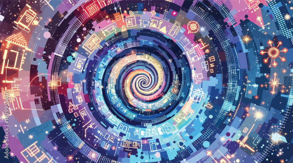 Poster abstract digital swirl representing technology data science and information flow in colorful layers.