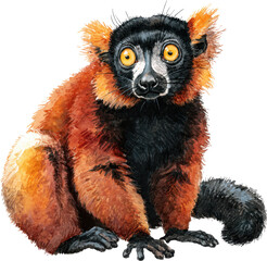 Fototapeta premium Red ruffed lemur sitting with bright yellow eyes isolated on transparent background