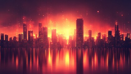 Obraz premium Futuristic Cityscape Illuminated by Red Neon Lights
