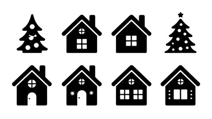 Fototapeta premium Simple black silhouettes of houses and Christmas trees. 