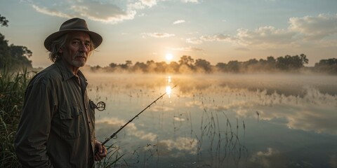 Obraz premium Peaceful Morning Fishing: Experienced Angler by a Misty Lake at Golden Hour Sunrise